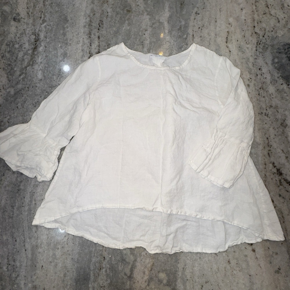 Bryn Walker Sz Small Blouse White 100% Linen 3/4 Flare Sleeve Boho Beach